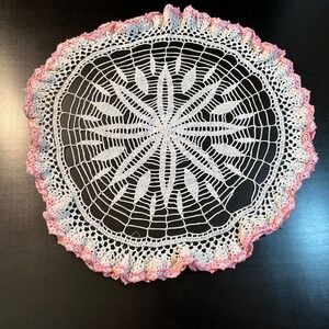 Vintage Crochet Doily‎ White with Pink Edging Round Handmade Table Décor